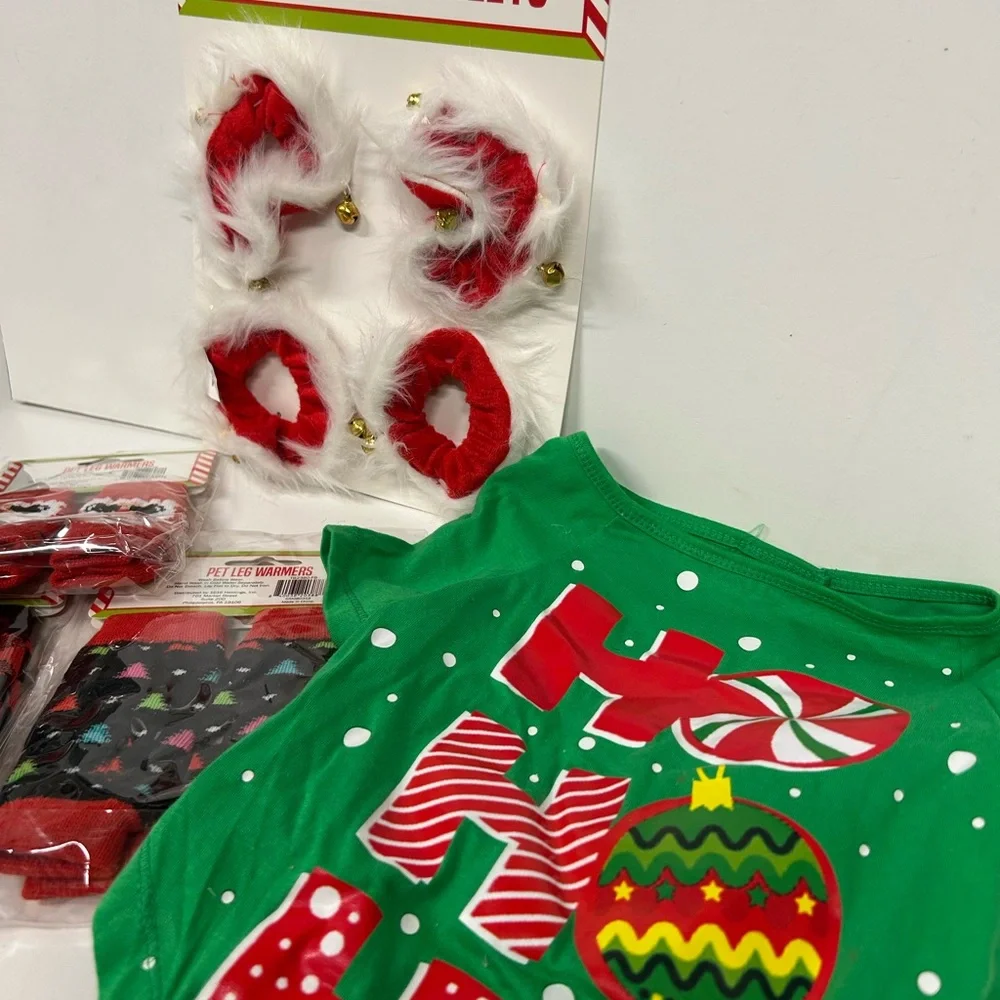 HOLIDAYS DOG BUNDLE, LEG WARMERS, JINGLE BELL SANTA ANKLETS & OUTFIT (HO HO HO)